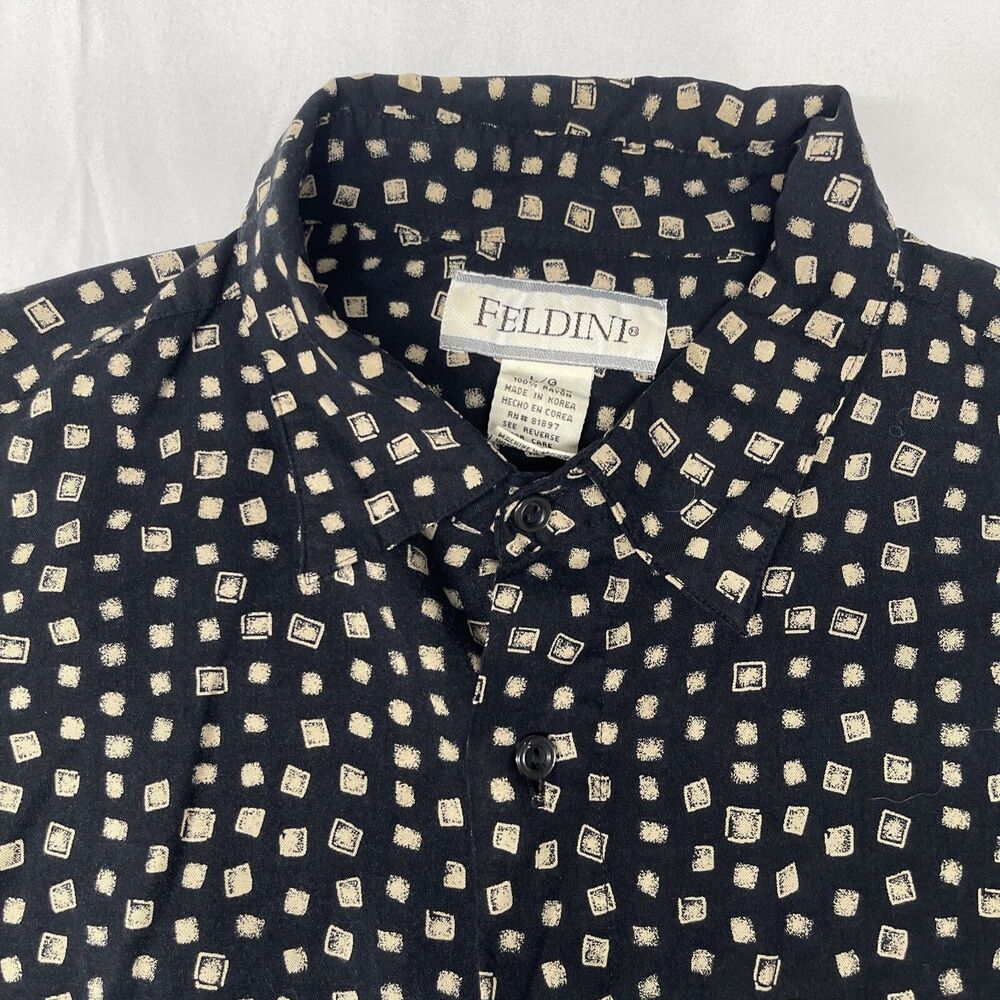 Feldini Mens Size Large Shirt Black Beige Pattern Button Down Long Sleeve